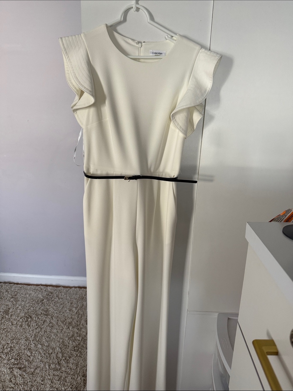 Calvin Klein Cream Jumpsuit with Ruffle Sleeves and Slim Black Belt
